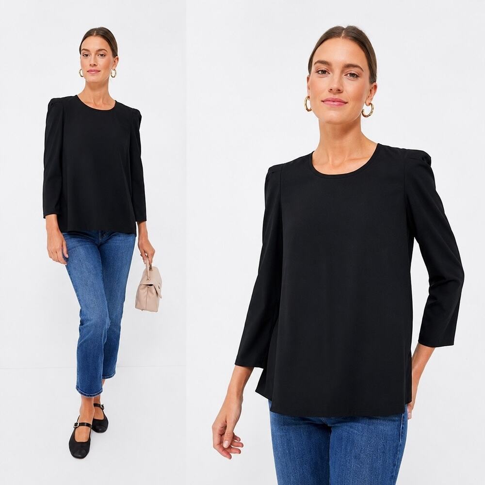 Tuckernuck Pomander Place Bedford Minimalist Crew Neck Puff Sleeve Top Black L